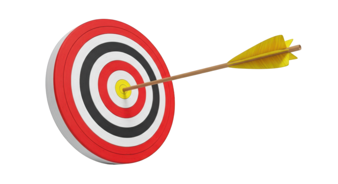 Arrow Hitting the Bullseye of a Target archery dart isolated on a transparent background