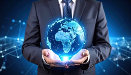 Businessperson in suit holding illuminated digital globe with network lines and nodes against dark tech background