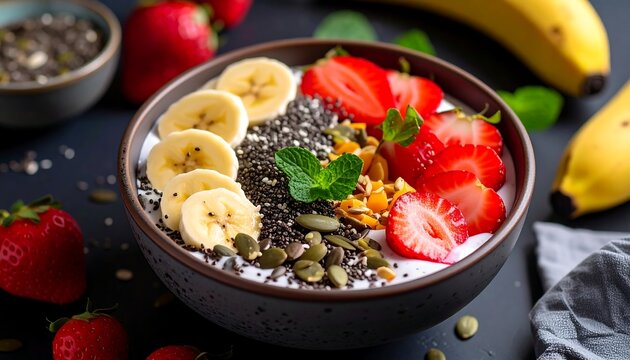 A vibrant bowl of healthy yogurt parfait with sliced bananas, strawberries, chia seeds, and granola - Powered by Adobe