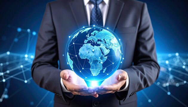 Businessperson in suit holding illuminated digital globe with network lines and nodes against dark tech background
