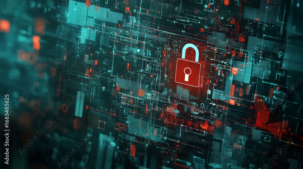 Poster securing the future digital lock over tech matrix virtual space graphic design cyber environment fut