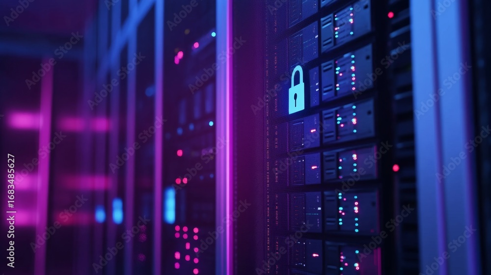 Poster securing server networks digital lock icon in data center environment cybersecurity infrastructure c