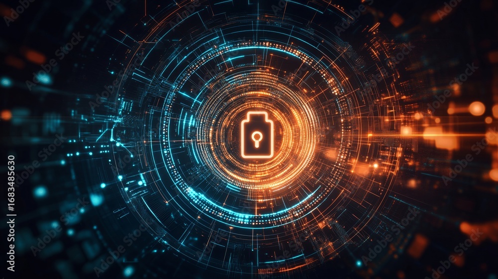 Aufkleber securing digital access virtual circuit board surrounding a digital lock in a futuristic environment