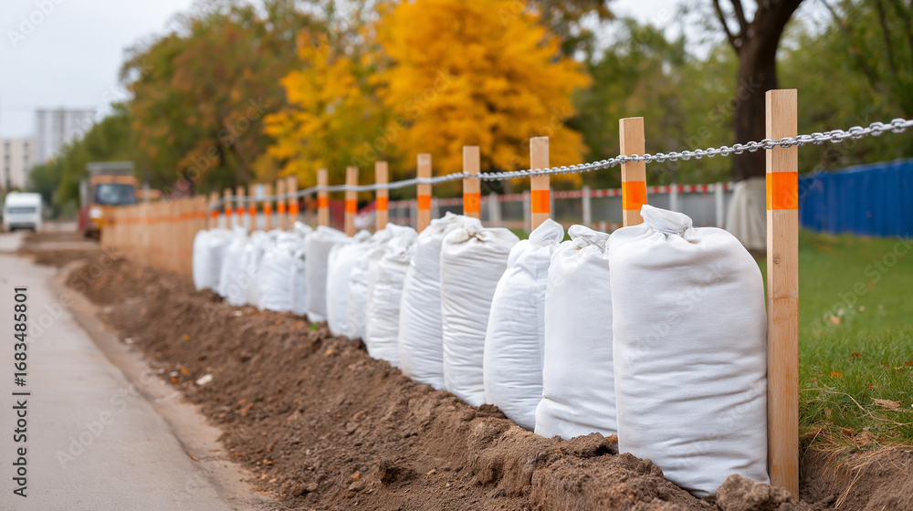 Poster Tightly Packed White Bags Lining Development Zone Edge Adjacent to Fencing with Signs and Chains Emphasizing Organized Construction Site Management and Boundary Control with cop