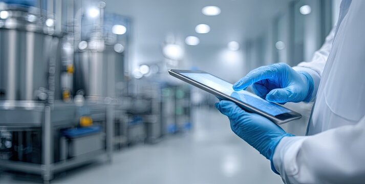 Scientist in a lab coat using a digital tablet for industrial process control in a modern factory.
