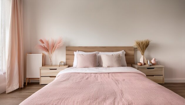minimalist bedroom design with blush pink bedding and white wooden furniture perfect for a relaxing atmosphere