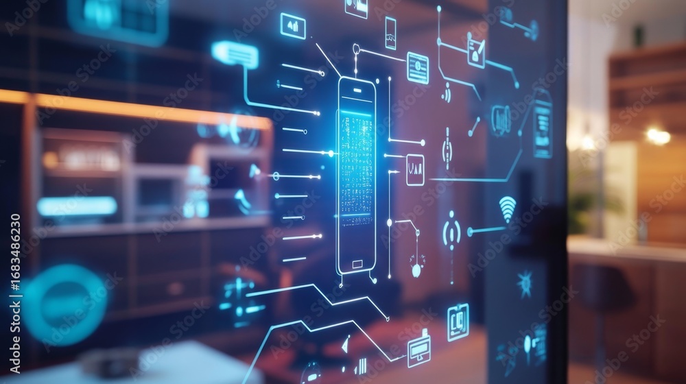 Poster visualizing iot connectivity interactive network map on digital screen in smart home environment