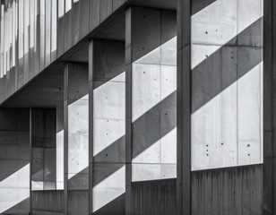 Fototapeta premium Monochrome concrete architecture shadows on modern building minimalist design in urban environment moody viewpoint capturing depth