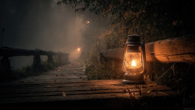Misty path lit by lantern