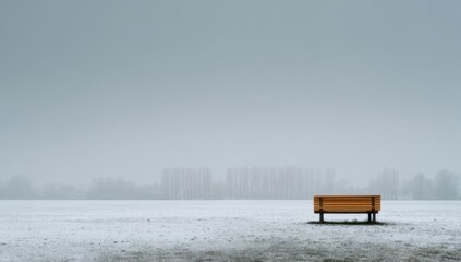 Obraz premium Empty park bench on a snowy field in the cold gray light of winter