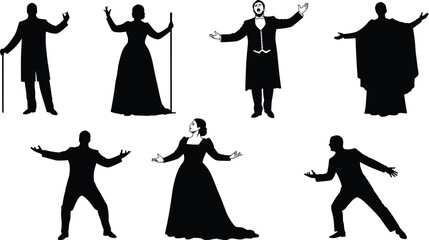 Silhouettes of Opera Singers and Theater Performers in Dramatic Poses Wearing Classic Costumes Isolated on White Background Vector Illustration