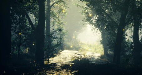 Obraz premium As twilight falls in a lush forest, tiny fireflies illuminate the air above a gentle stream. The enchanting scene captures the magic of nature in a peaceful moment of dusk.