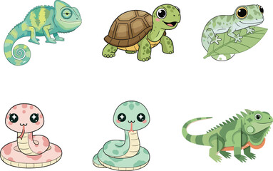 Cartoon reptiles collection, cute lizards, happy geckos, baby turtles, animal faces, kids clipart, vector art, smiling characters, colorful illustration
