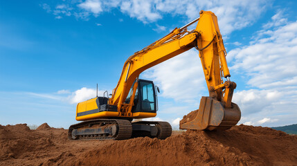 Yellow Excavator on Earth Mound at Construction Site Glossy Paint Reflecting Bright Sky with Minor Dirt Marks Earthworks and Foundations Prepared for Industrial Progress and Site