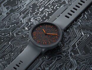 Gray wristwatch on circuit board