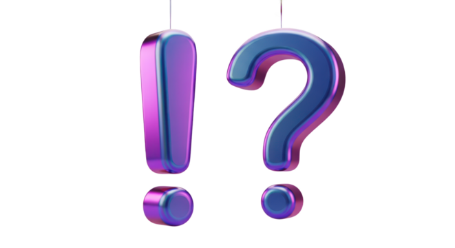 Blue and Purple Metallic Exclamation Mark and Question Mark Symbols punctuation text isolated on a transparent background - Powered by Adobe
