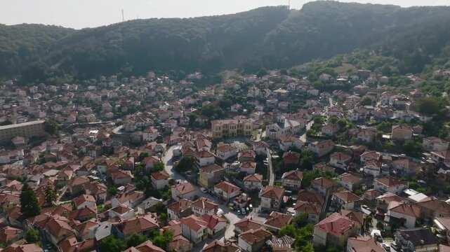 Krushevo, North Macedonia. Aerial drone view over city of Krushevo in Macedonian Mountains, near Ilinden Monument