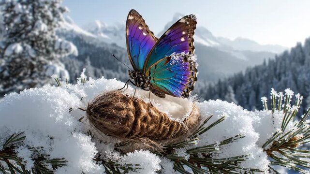 Dynamic Winter Scene: Fibrous Cocoon on Snowy Pine Branch, Sparkling Ice Crystals Falling in Majestic Mountains