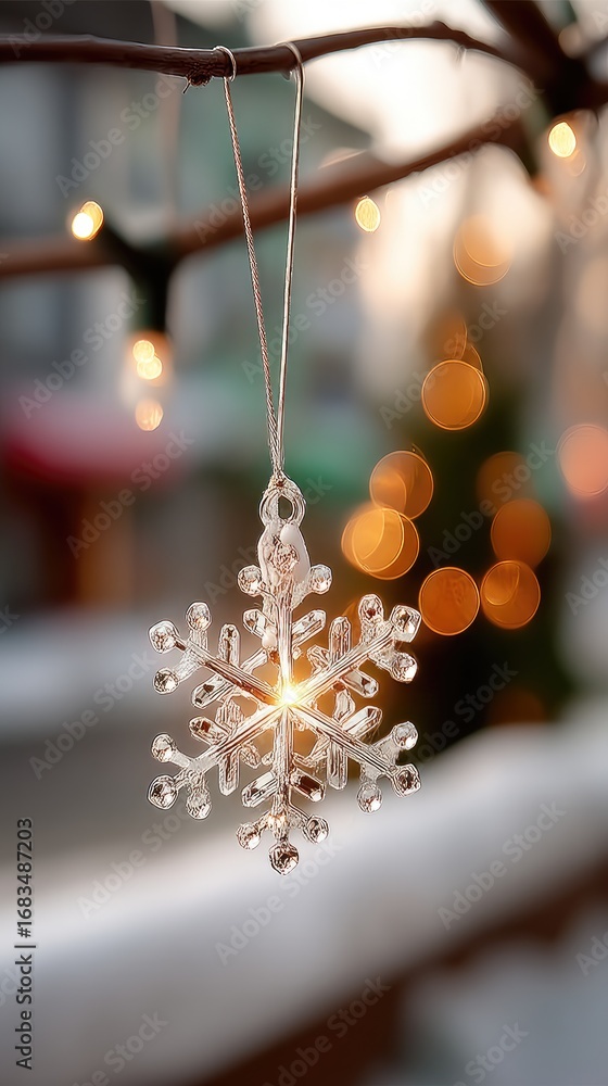 Poster elegant snowflake ornament hangs on a branch with warm lights glowing in the background during a win