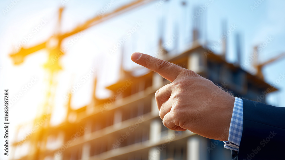 Poster sunlit apartment construction site with modern skeleton of beams and floors crane overhead lifting m