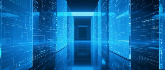 An abstract digital blue background with a futuristic network of binary code patterns, symbolizing the flow of virtual information and data - Powered by Adobe