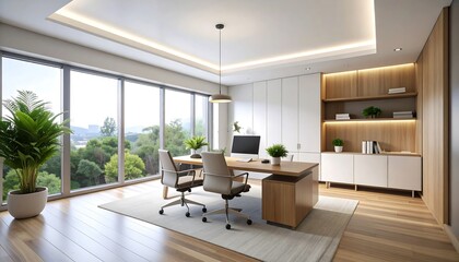 Modern Office Interior with Desk, Chairs, and Large Windows