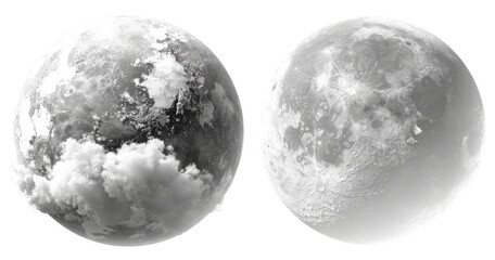 Two grayscale globes, Earth and Moon, side-by-side.  Each shows landmasses and clouds/features