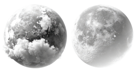Two grayscale globes, Earth and Moon, side-by-side.  Each shows landmasses and clouds/features