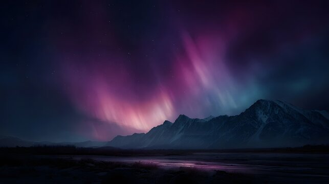 Vibrant aurora borealis streaks across the dark night sky illuminating snow capped mountains and reflecting in tranquil water below - Powered by Adobe