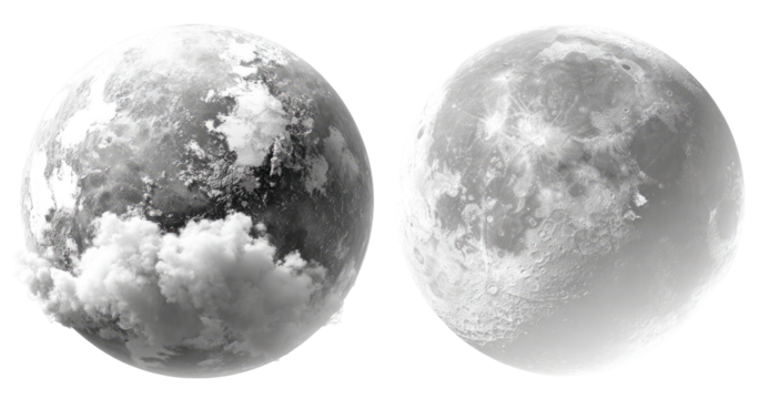 Two grayscale globes, Earth and Moon, side-by-side.  Each shows landmasses and clouds/features
