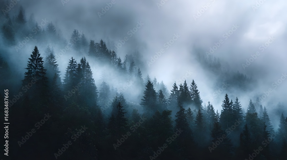 Poster mysterious and atmospheric forest of evergreen trees shrouded in dense ethereal fog creating a tranq