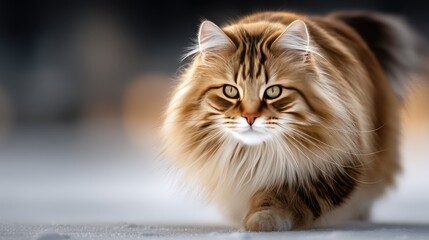 Fototapeta premium Majestic long-haired cat walks gracefully on snow-covered ground during a calm winter afternoon in a tranquil outdoor setting