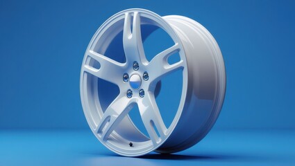 Obraz premium A glossy, white alloy wheel is highlighted against a vibrant blue backdrop, showcasing its intricate design and smooth finish.