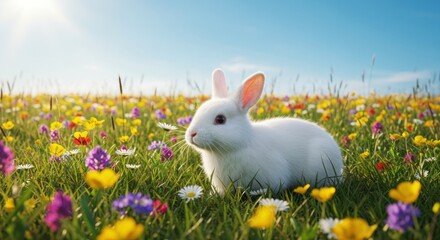 White rabbit sits amidst vibrant wildflowers in a sunny meadow under a clear blue sky