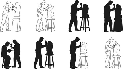 Vector Set of Sculptor Silhouettes Carving Stone Statues Using Chisel and Hammer in Various Artistic Poses and Techniques