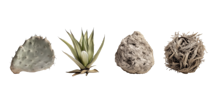 Four Isolated Desert Nature Elements Including Cactus Pad, Agave Plant, Textured Rock, and Dry Desert Plant Provided as Transparent PNG Cutouts.
