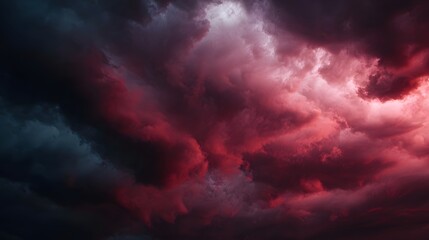 Obraz premium Dramatic and ominous storm clouds fill the sky illuminated with intense crimson and deep red hues signaling powerful weather