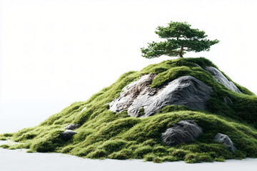 A solitary tree thriving atop a moss-covered rock formation, evoking tranquility and natural beauty. The scene presents a miniature landscape