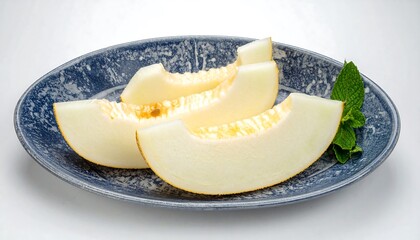 Three melon slices on a decorative blue plate with fresh mint garnish, showcasing vibrant yellow flesh and a textured plate.