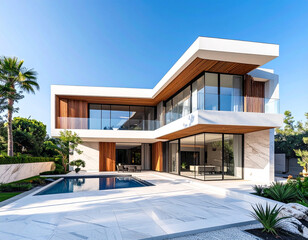Fototapeta premium Contemporary residential real estate showcase luxury villa outdoor poolside modern architecture sunny environment aesthetic perspective