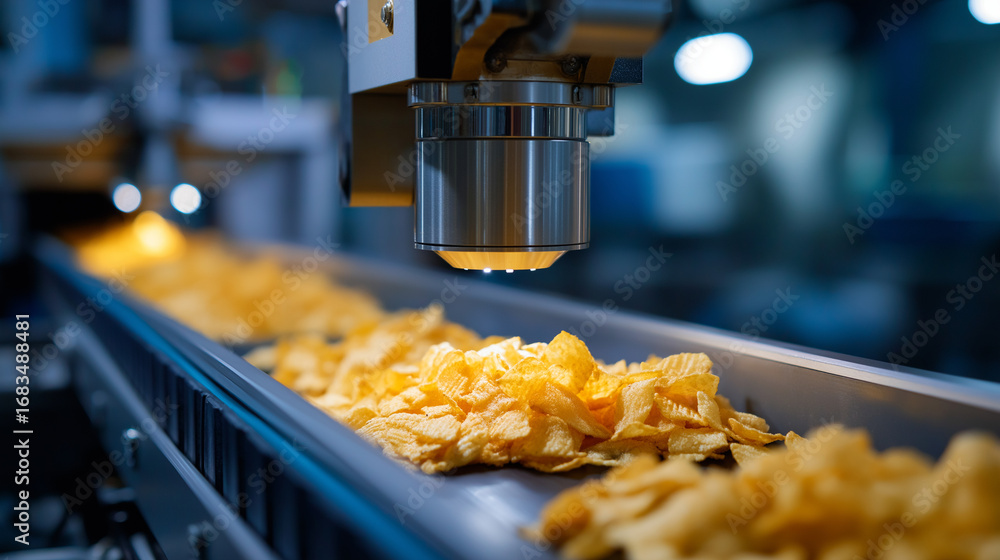 Poster robotic sorters scanning chips on conveyor in advanced snack factory detecting imperfections with la