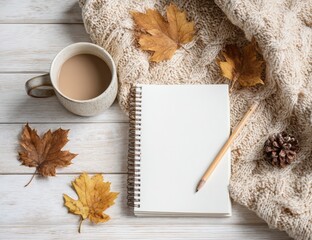 Autumnal stationery arrangement on a light wooden surface