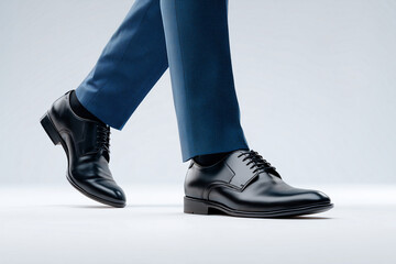 Elegant style: close-up of stylish black shoes and blue suit while walking. A man in a suit walks confidently