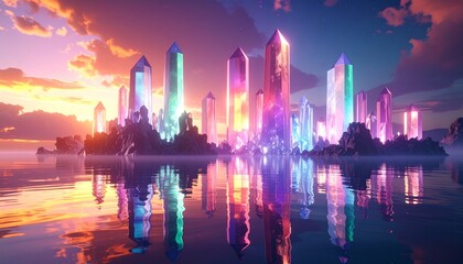 Towering crystal structures rising from a reflective sea, glowing with impossible colors that bend reality into dreamlike symmetry.