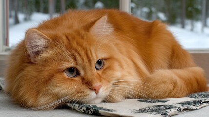 Cute fluffy ginger cat lounging on a cozy blanket by a window with a snowy landscape outdoors during winter