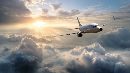 Obraz premium An airplane flies above clouds, the serene scene illuminated by gentle sunlight. Airplane, clouds, with copy space