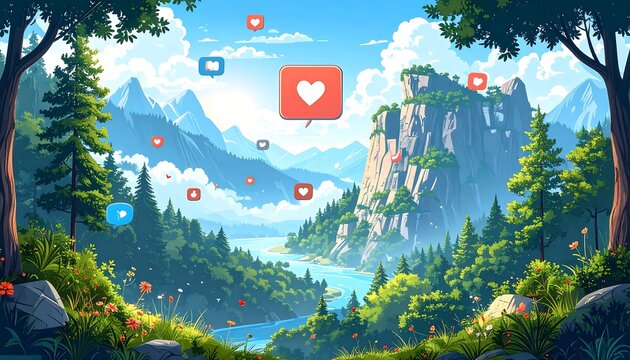 A picturesque landscape, full of vibrant greenery, mountains, and a tranquil lake, adorned with social media icons, conveys a sense of peace and community.