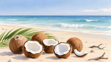 Watercolor painting of coconuts by the beach