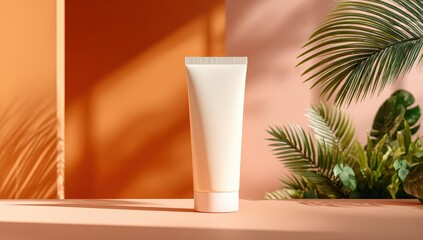A blank white tube of skincare product, presented on a peach-toned surface, surrounded by tropical foliage and warm sunlight