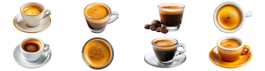 Obraz premium Collection of espresso coffee cups and glasses with crema isolated on transparent background
